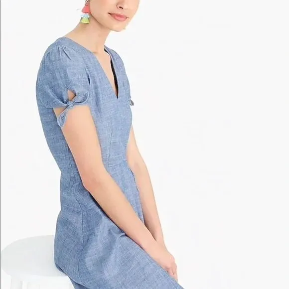 J. Crew Chambray Dress Womens‎ 2 Blue V-Neck Short Sleeve Tie Detail Casual Mini - Image 8