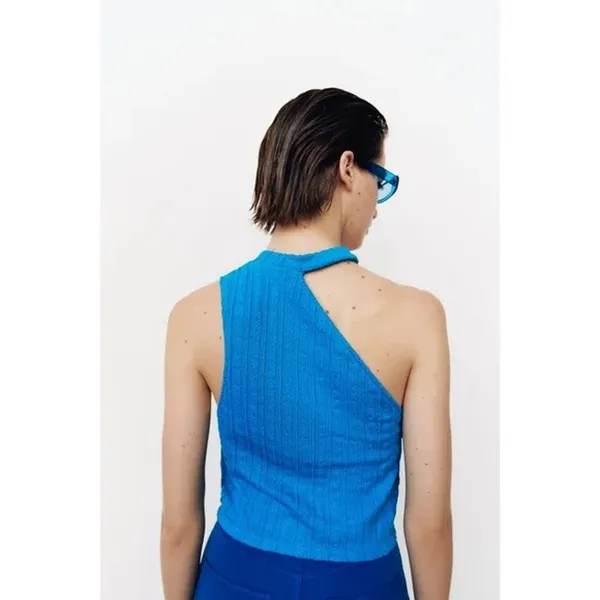 NWT Zara Cut Out Cable Knit Sleeveless Stretch Cropped Top Round Neck L Blue - Image 6