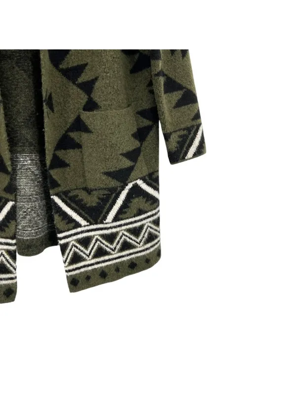 Frye The Cozy Cardigan Open Front Aztec Cardigan Sweater Large Olive Black - Image 4