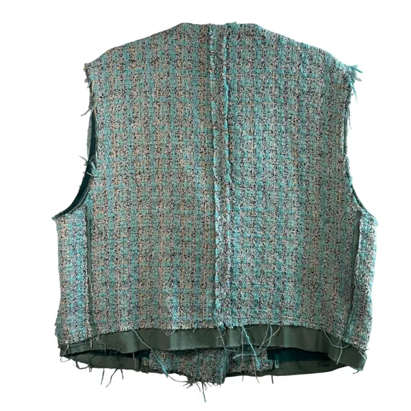 POL Tweed Vest Blazer Sleeveless Jacket Distressed Blue Cream‎ Small Oversized S - Image 2