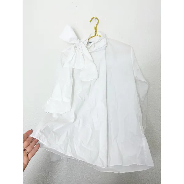 Zara White Poplin Tie Neck Oversized Blouse Size Small 8775/545 Chic Preppy - Image 13
