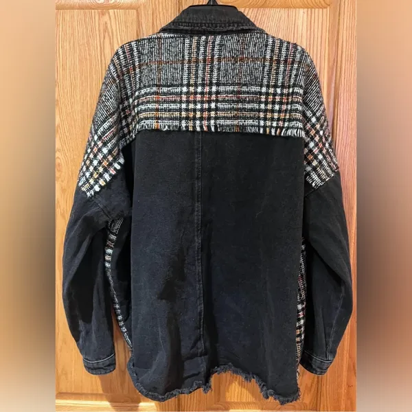 ZARA Contrast Black Denim & Tweed Plaid Mix Snaps Outer Jacket Shaket Size Large - Image 12