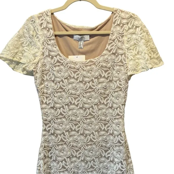 NWT‎ Belle Badgley Mischka Lace Floral Sequin Stretch Mini Dress White Nude - Image 5