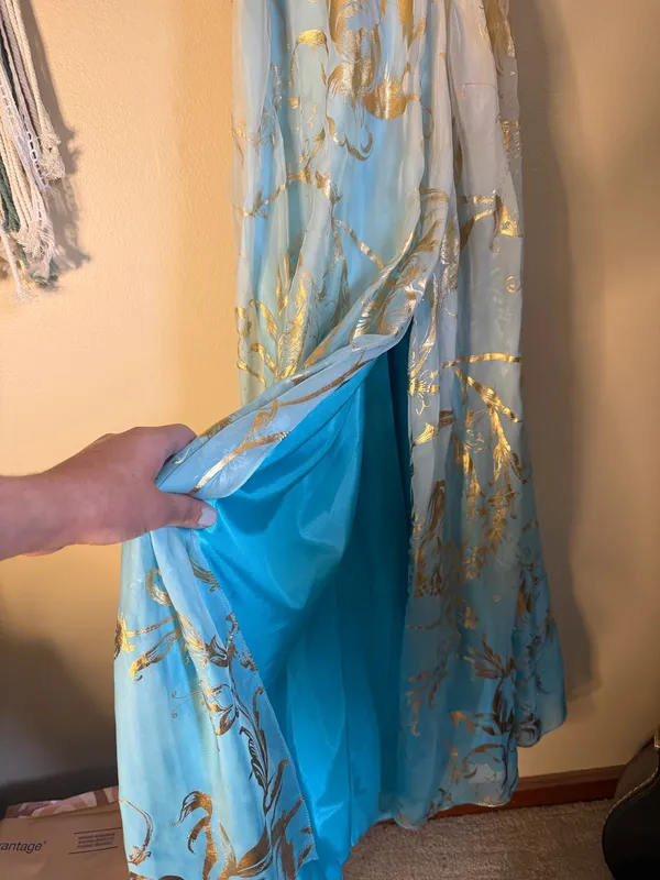 Mac Duggal Beaded One Shoulder Cut Out Gown Maxi Dress Turquoise Gold Size 6 - Image 2
