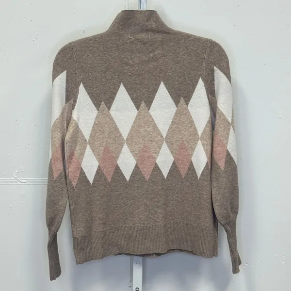 Rachel Zoe Women's Argyle Mock Neck Sweater Diamond Pattern Taupe Pink Cream Med - Image 2