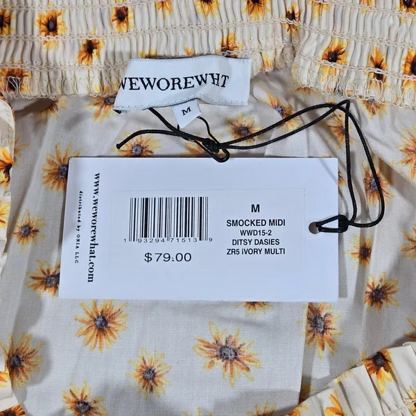 WeWoreWhat Smocked Midi Dress Ditsy‎ Daisies Ivory Multi Womens Size M New - Image 6