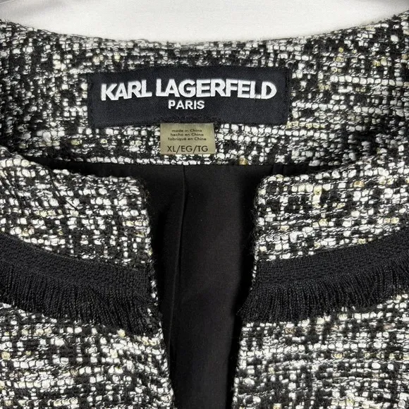 Karl Lagerfeld black/white Tweed‎ Suit Jacket Cropped work casual XL - Image 3