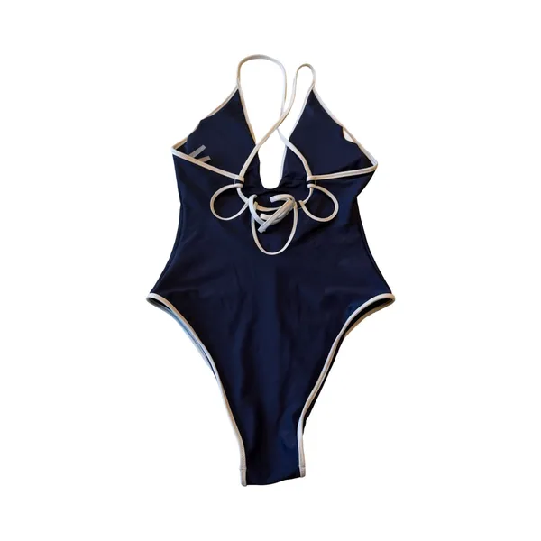 Aerie Womens Navy Blue White Trim Lace Up Back High Cut‎ One Piece Swimsuit S - Image 5