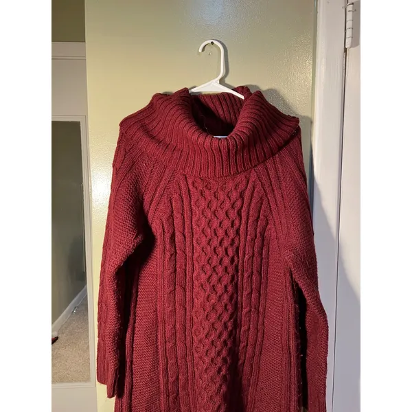 Banana Republic Women's Sz Large Sweater Dress Cowl Neck Burgundy Cableknit Wool - Image 3