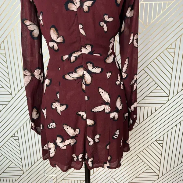 Reformation Butterfly Print Long Sleeve Mini Dress Maroon Red Size‎ 2 - Image 8