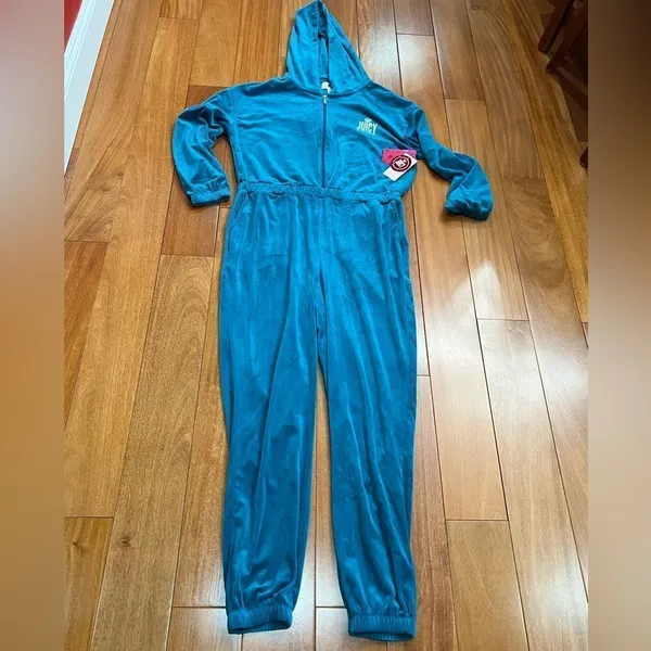 NWT Juicy By Juicy Couture Jumpsuit peacock Velour‎ Hooded Long Sleeve Zip Up L - Image 4