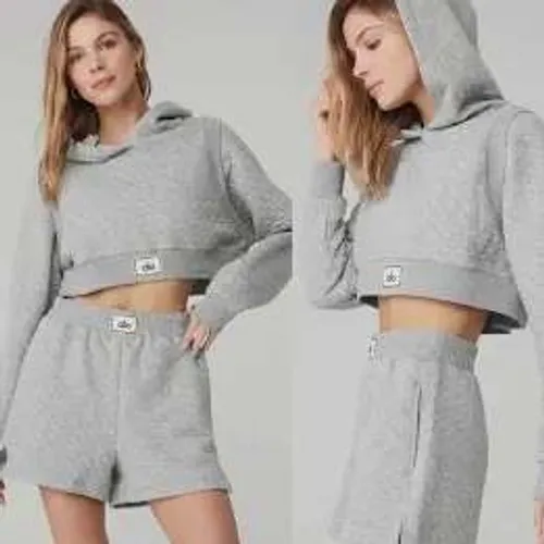 Alo Yoga Hoodie Womens Large Grey Quilted‎ Arena Cropped Pullover Sweatshirt - Image 2