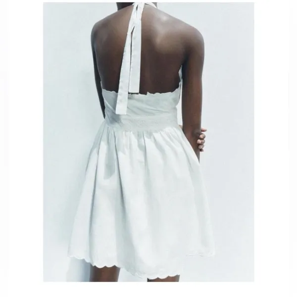 Zara NWT Cotton Eyelet Embroidered V-Neck Mini Halter Dress Lined Size M - Image 2
