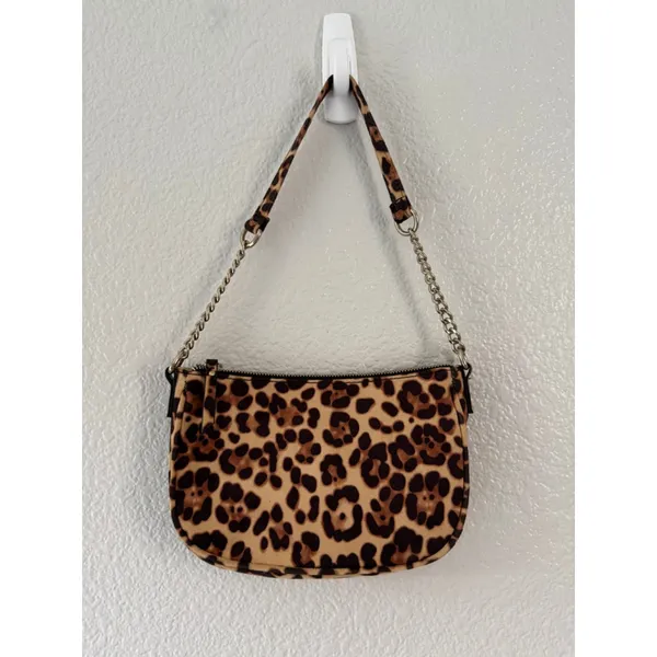 Y2K Leopard Print Shoulder Bag Gold Chain Strap Mini Baguette Purse EUC Retro - Image 3