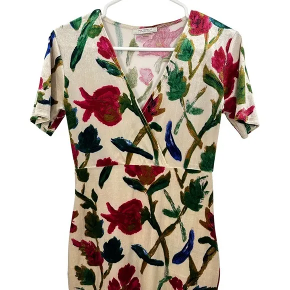 Zara‎ Trafaluc Floral Velvet V-Neck Midi Dress Cream Red Green Pinup Retro - Image 2