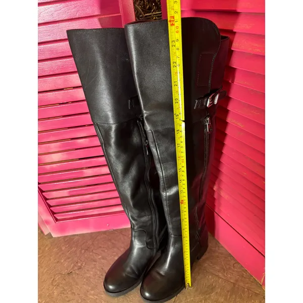 Tata Black Leather Over The Knee Boots Buckle Detail Low Block Heel Tall Boots - Image 4