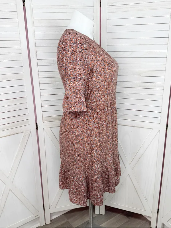 Loft Ditsy Floral Print Tiered‎ Babydoll Dress Rust Orange 12 Boho Cottagecore - Image 3