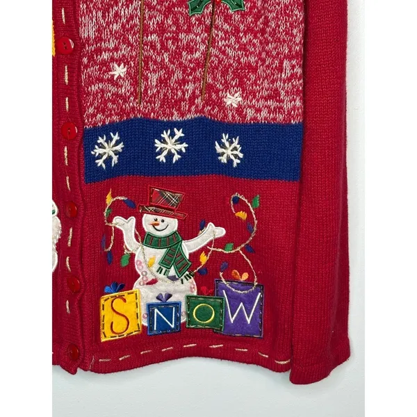 Vintage White Stag Christmas Cardigan Sweater Small‎ Red Holiday Snowman Tree - Image 4