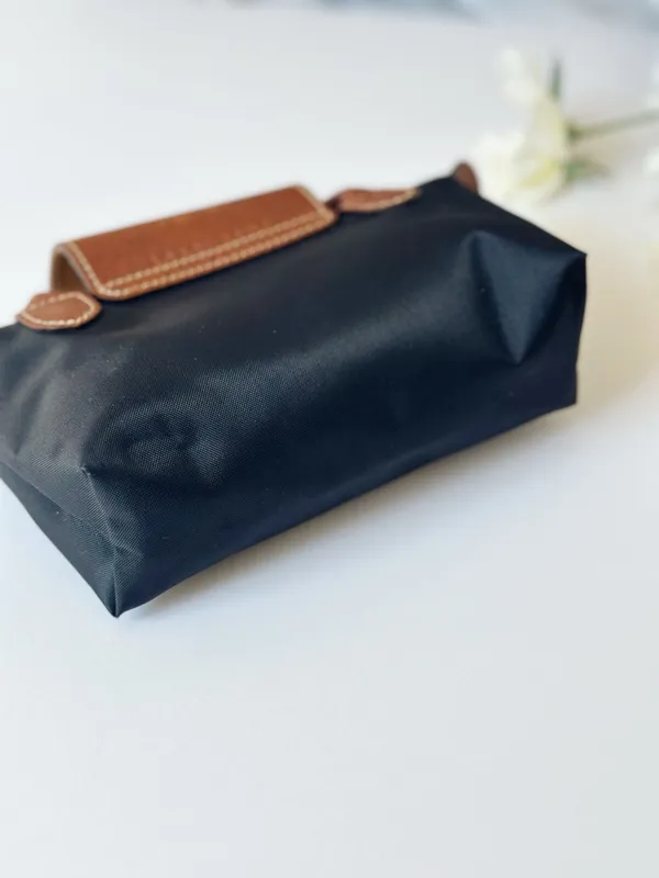 Longchamp Small Le Pliage Original Pouch Nylon Bag in Black with Brown Trim - Image 6