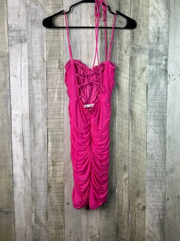 Lucy In The Sky Sm Pink Ruched Mini Dress Lace Back Adjustable Spaghetti Straps - Image 3