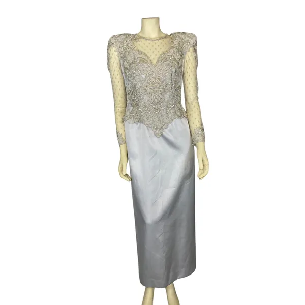1990s Vintage Ice Blue Beaded Formal Gown Sheer Lace Bodice Custom S-M - Image 3