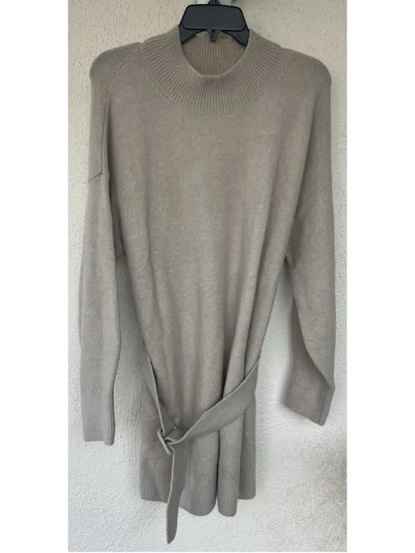 & Other Stories Beige Knit Sweater Dress M Belted Mock Neck Thick Oversized Prep - Image 5