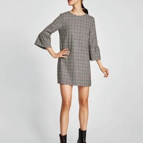 Zara Black & White Glen Check Plaid Long Sleeve Bell Sleeve Dress Medium - Image 2
