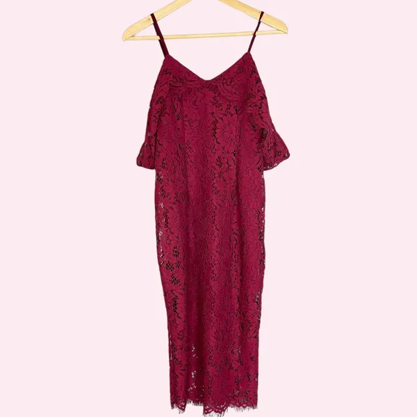 Boohoo Jess Lace Open Shoulder Dress Midi Berry NWT New Cocktail Straps‎ Bodycon - Image 11