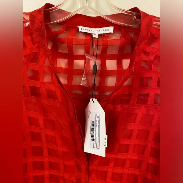 English Factory Women's Check Organza Buttoned Long Sleeves Red Mini Dress - Image 3