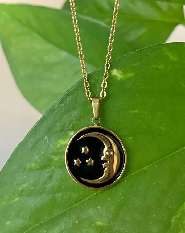 Handmade gold tone stainless steel & black enamel celestial whimsical vintage style necklace🌟 - Image 3