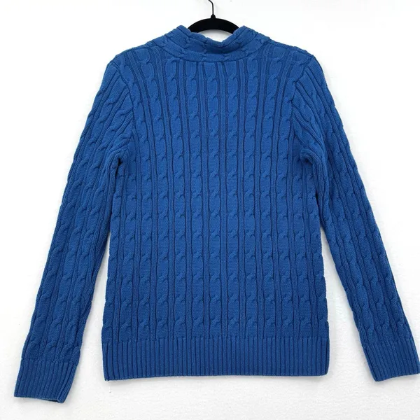Jeanne Pierre Cable Knit Sweater Women L Blue 100% Cotton V Neck Preppy Coastal - Image 2