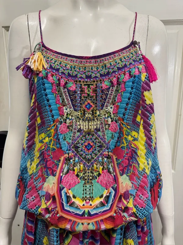 Camilla Pastel Floral Ikat Embroidered Top in Pink, Blue, Purple Size Medium - Image 16