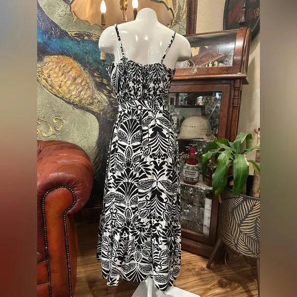 TCEC Noir Elegance Midi Dress Black White Leaf Print Bustier Tropical Resort L - Image 10