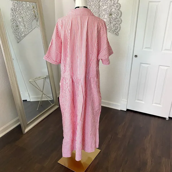 Source Unknown NWT Casual Red White Striped Midi Maxi Blouse Button Up Dress 3XL - Image 4