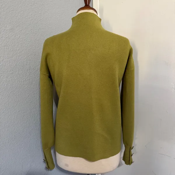 Cottagecore Mock Neck Puff Sleeve Sweater‎ Crystal Button Cuffs Olive Green Sz M - Image 6