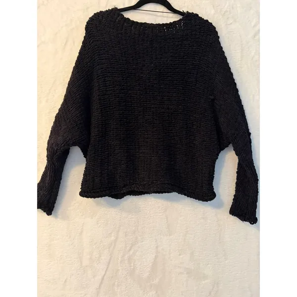 Free People Black‎ Chunky Knit V-Neck Batwing Sleeve Oversized Sweater Small - Image 8