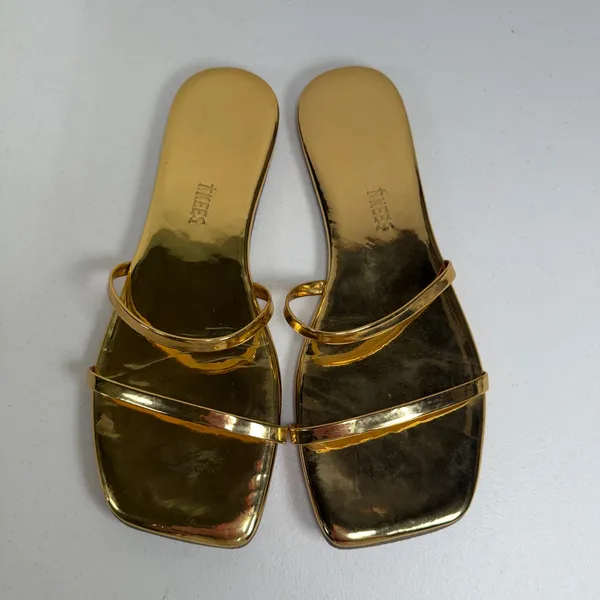 TKEES Size 9 Slide Sandals Gemma Gold Metallic Patent Leather Square Toe Flat - Image 6