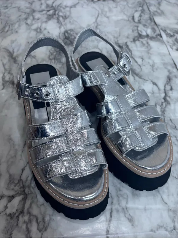 Dolce Vita Metallic Silver Black Platform Fisherman Sandals shoes chunky 7.5 - Image 2
