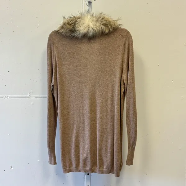 Loft Faux Fur Collar Open Front Cardigan Tan Heather Knit Pockets Large Neutral - Image 2