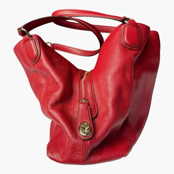 Coach Edie Pebbled Leather Shoulder Bag Red Large Hobo Tote Turnlock Zip Purse - Image 7