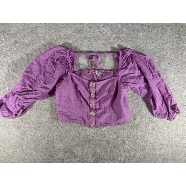 American Eagle Linen Button Crop Top Puff Balloon Sleeve‎ Purple Women's Small - Image 3