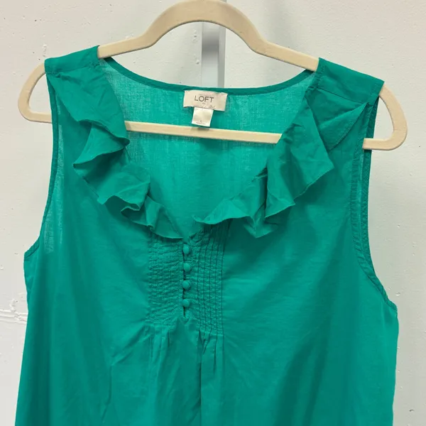 LOFT Emerald Green Ruffle V-Neck Sleeveless Blouse Pleated Bib Top Size Large - Image 3