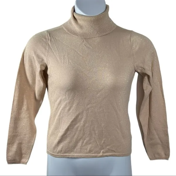 New York & Company Pink Rose Gold Glitter Turtleneck Sweater Small Y2K Fitted - Image 2