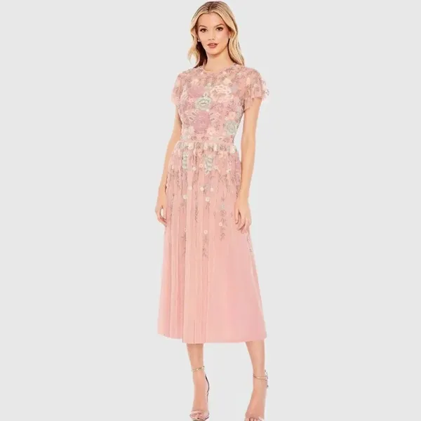 MAC DUGGAL 9134 Womens Embellished High Neck Butterfly Sleeve Midi Dress - Image 3