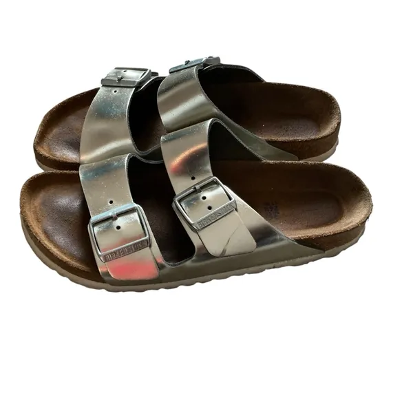 Birkenstock Arizona soft footbed sandals 38 metallic silver leather slides - Image 2