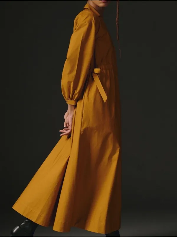 Anthropologie Maeve Mustard Yellow Cinched Waist Long Sleeve Shirt Maxi Dress M - Image 9