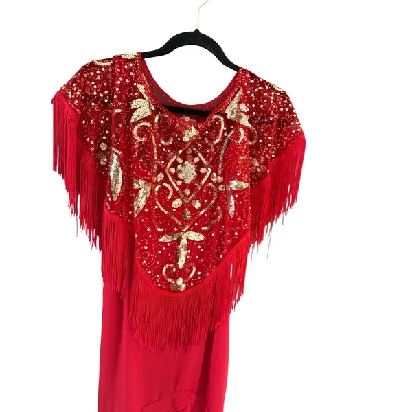 Vintage Red Fringe Sequin High Low Gown Gold Beaded Formal Dress Performance - Image 2