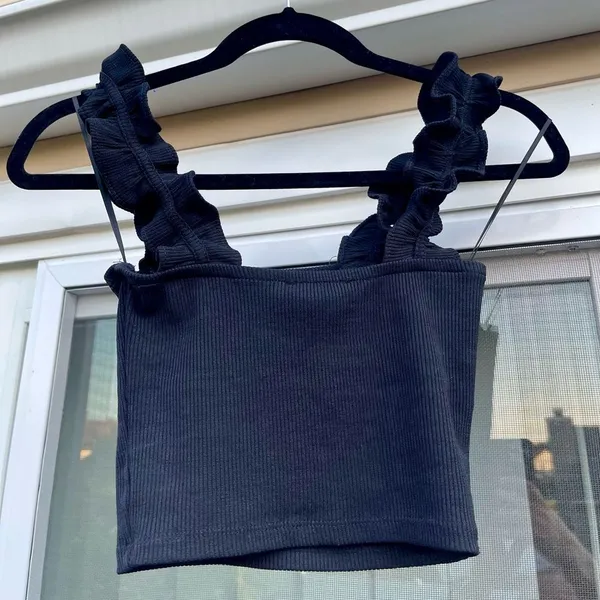 Zara Crop Top Black Ruffle Straps Knit - Image 2