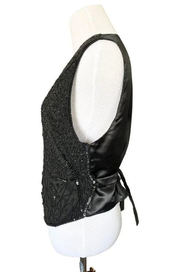 Vintage Silk Beaded Sequin Waistcoat Vest Black - Image 3