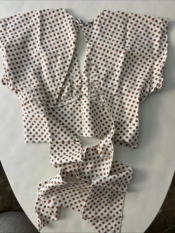 ZARA Linen Blend Polka Dot Crop Deep V Neck Tie Back Blouse Top White Mustard M - Image 5